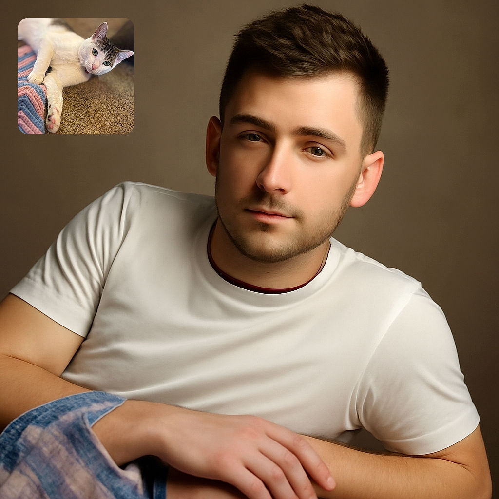 A charming white and tabby cat lies comfortably on a textured carpet next to a colorful knitted blanket, gazing curiously at the camera with big green eyes and a pink nose, radiating cozy vibes.
