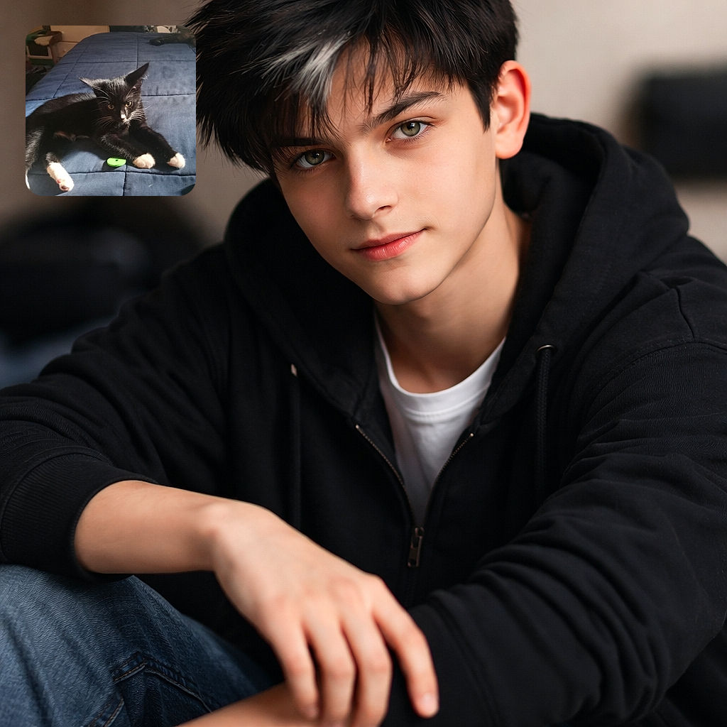 A tuxedo kitten lounges like a tiny tyrant on a blue comforter, flashing white socked paws and dramatic whiskers while guarding a neon-green toy — bedroom cluttered background provides an audience for its royal loafing.
