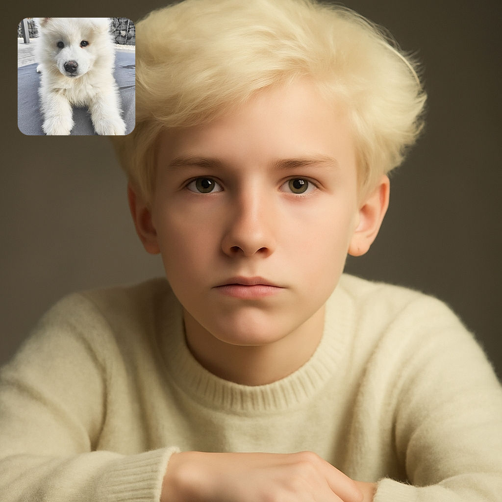 A fluffy white puppy with soulful eyes lounges on a grey surface, looking ready to melt hearts. The soft fur and gentle expression make it impossible not to smile. The background is slightly blurred, focusing all attention on this adorable furball. There's a small camera watermark text in the bottom left corner.