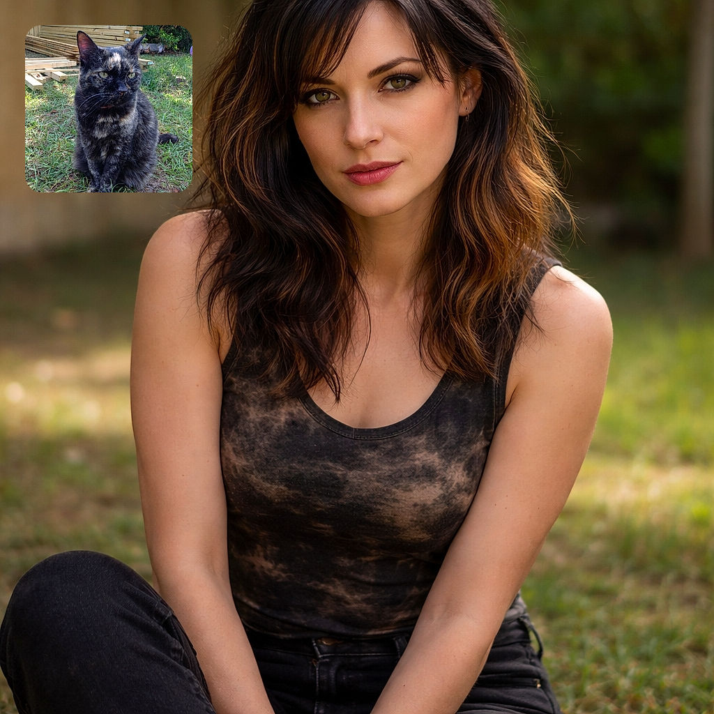 A dignified tortoiseshell cat presides over a backyard construction site with unimpressed side-eye — lumber stacked like an audience, grass as the throne room, and whiskers ready for royal decrees.