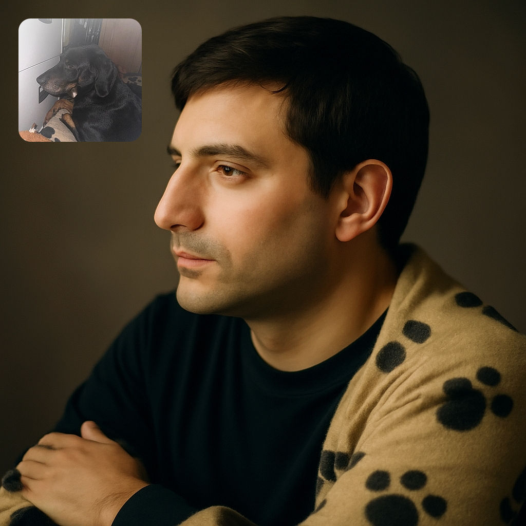 A cozy black and tan dog lounges comfortably on a spotted dog bed, gazing thoughtfully to the side. The soft lighting and indoor setting give a warm, intimate feel, though the image is a bit hazy and lacks sharpness.