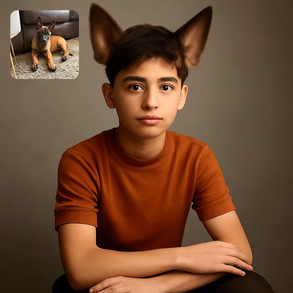 A charming puppy lounges comfortably on a textured carpet, looking attentively with ears perked up, framed by a cozy living room setting with a leather sofa in the background. The warm lighting highlights the puppy's soft fur and curious expression.