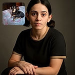 A small black and tan dog with expressive eyes sits on a pastel-colored bedspread with intricate patterns, looking curiously at the camera. The background shows a wooden dresser and a partially open door, giving a cozy indoor vibe.