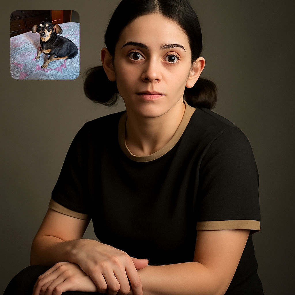 A small black and tan dog with expressive eyes sits on a pastel-colored bedspread with intricate patterns, looking curiously at the camera. The background shows a wooden dresser and a partially open door, giving a cozy indoor vibe.