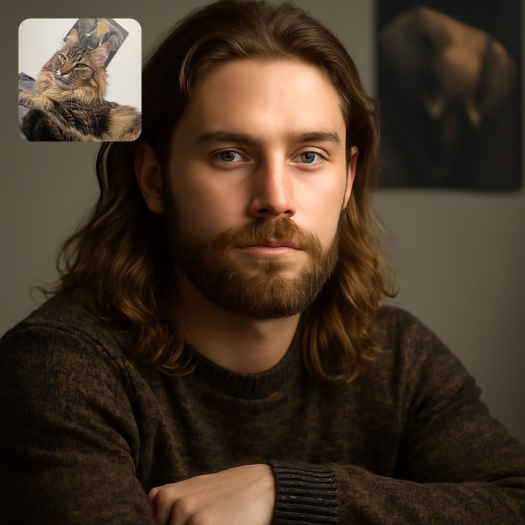 A majestic fluffy tabby cat lounges comfortably on a dark surface, looking slightly aloof yet regal. Behind it, a tilted painting of an elephant adds an artistic touch to the minimalist white wall background. The photo captures the cat's soft fur and piercing green eyes in a cozy indoor setting.