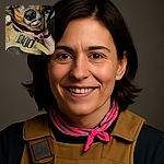 A close-up photo of a dog wearing a tan harness and a pink collar, looking at the camera with a slightly goofy expression. The background shows an indoor setting with a door and some furniture, giving a cozy home vibe.