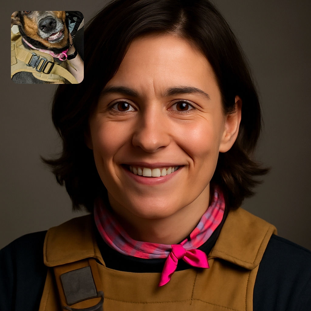 A close-up photo of a dog wearing a tan harness and a pink collar, looking at the camera with a slightly goofy expression. The background shows an indoor setting with a door and some furniture, giving a cozy home vibe.