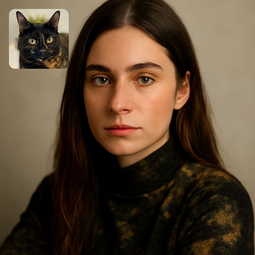 A close-up portrait of a tortoiseshell cat with striking yellow eyes staring intently at the camera, its fur beautifully detailed against a softly blurred background.
