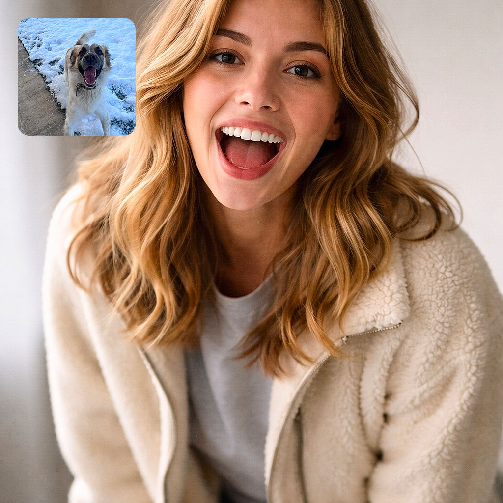 A delighted dog leaps toward the camera with mouth wide open and tongue flopping, snow-dusted fur and a wagging tail announcing pure joy — sidewalk at left, snowy yard behind, and a very enthusiastic face stealing the show.