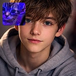 A close-up shot of a curious kitten bathed in vibrant blue and purple lighting, with its big eyes reflecting the light like tiny galaxies, giving off a mysterious yet adorable vibe.