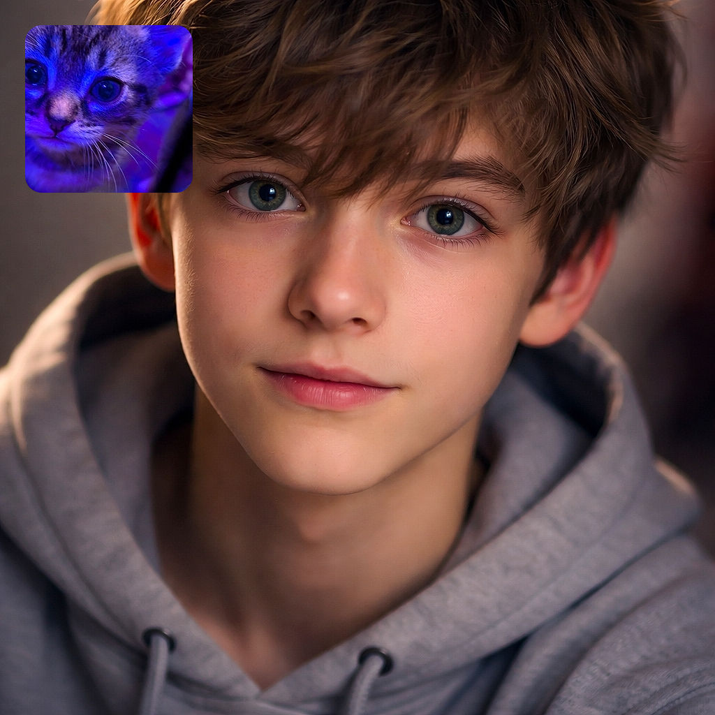 A close-up shot of a curious kitten bathed in vibrant blue and purple lighting, with its big eyes reflecting the light like tiny galaxies, giving off a mysterious yet adorable vibe.