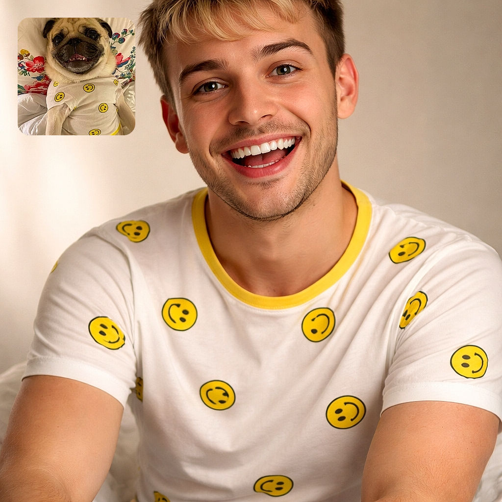 A cheerful pug wearing a white shirt adorned with yellow smiley faces, lounging comfortably on a floral-patterned pillow and white bedding, flashing a toothy grin that could brighten anyone's day.