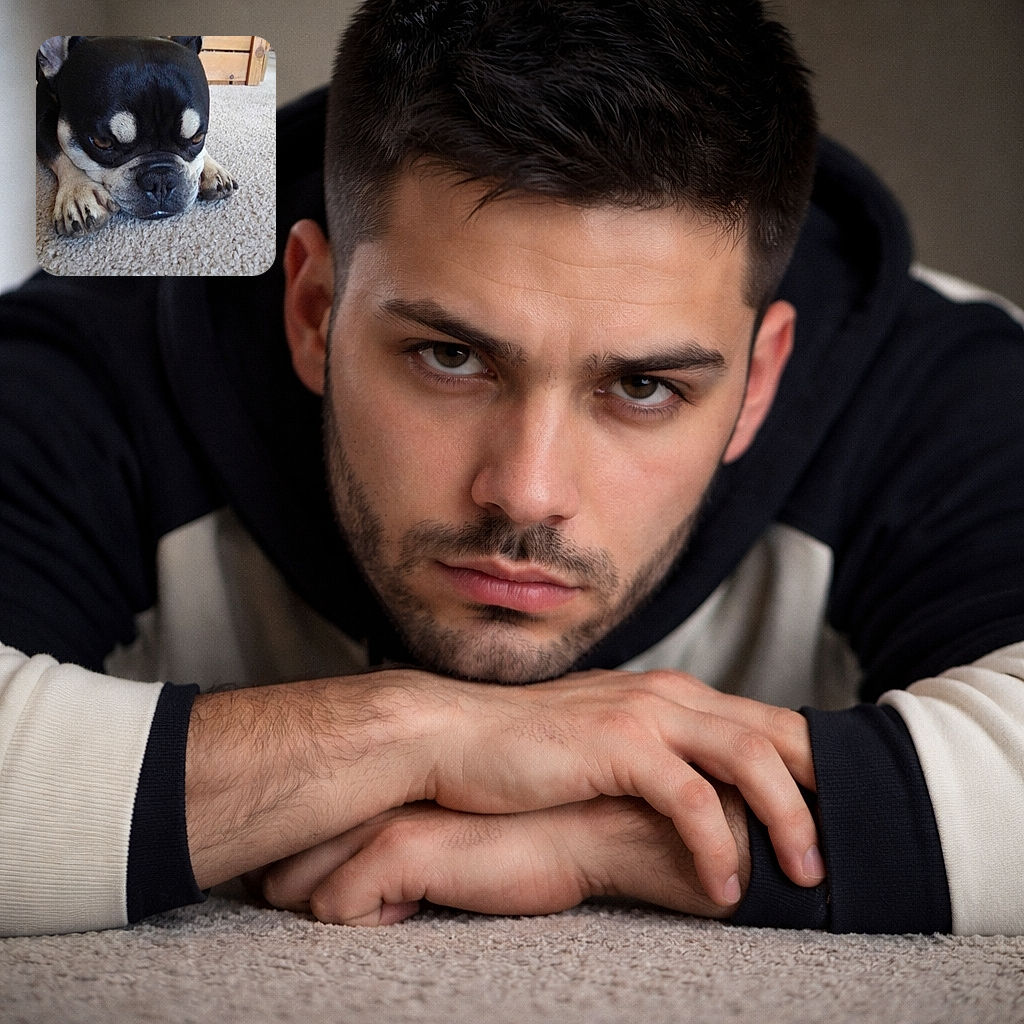 A squishy-faced French Bulldog is sprawled on the carpet, chin down and eyes half-closed like it just heard the word 'treat' but decided naps are superior. Wooden crate in the background, carpet up close, and paws splayed like tiny sandbags—pure household royalty being adorable.