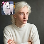 A fluffy white dog stands gracefully on a tiled floor with a backdrop of vibrant pink and white flowers. The dog's fur is pristine and soft-looking, and it gazes thoughtfully to the side, giving off an air of quiet elegance.