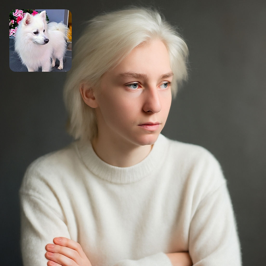 A fluffy white dog stands gracefully on a tiled floor with a backdrop of vibrant pink and white flowers. The dog's fur is pristine and soft-looking, and it gazes thoughtfully to the side, giving off an air of quiet elegance.