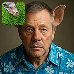 A curious piglet wearing a blue patterned bandana explores a lush green lawn, its snout close to the camera lens as if sniffing out a new adventure.