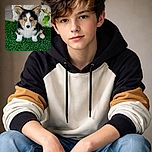 A fluffy tricolor corgi puppy sits attentively on vibrant green grass, framed by a textured stone wall and a small leafy branch, looking ready to be best friends forever.