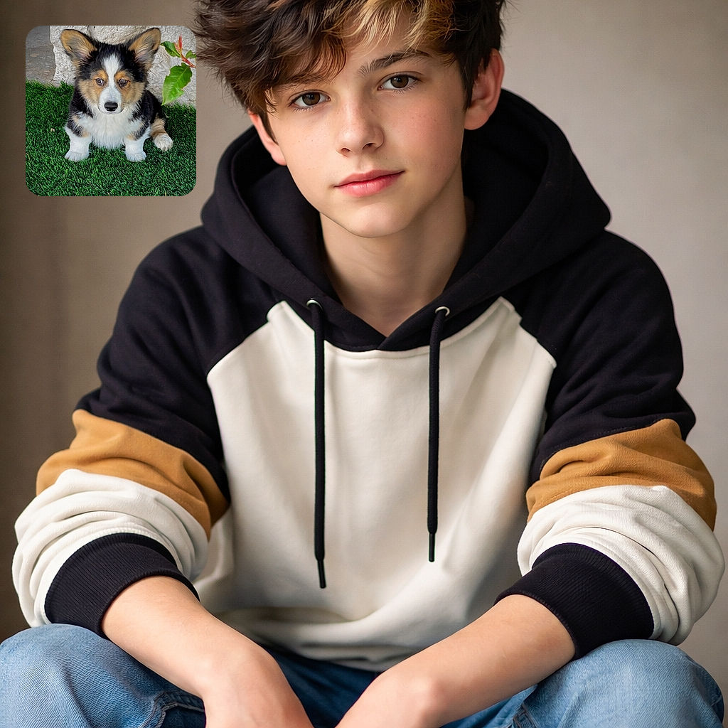 A fluffy tricolor corgi puppy sits attentively on vibrant green grass, framed by a textured stone wall and a small leafy branch, looking ready to be best friends forever.