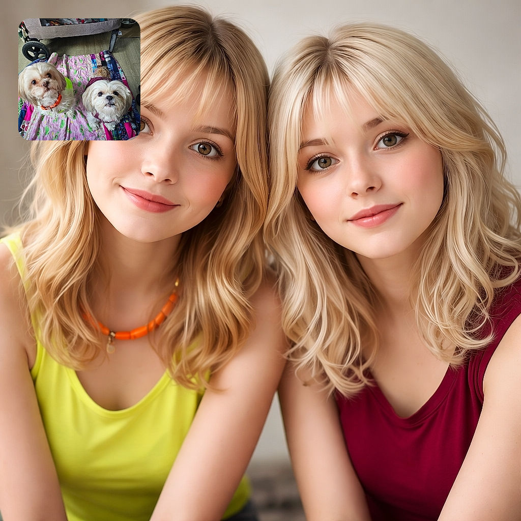 Two adorable small dogs with fluffy coats gaze up expectantly from a colorful patchwork quilt on a wooden floor, with a pet playpen and water bowl in the background, creating a cozy indoor pet scene.