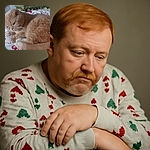 A fluffy orange cat is curled up on a cozy bed with festive holiday-themed bedding, looking contemplative or maybe just plotting its next nap.