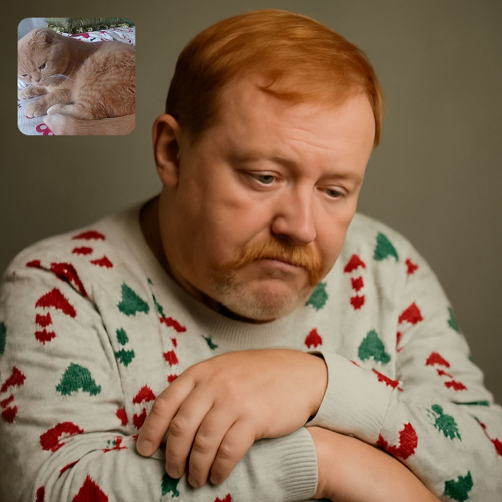 A fluffy orange cat is curled up on a cozy bed with festive holiday-themed bedding, looking contemplative or maybe just plotting its next nap.