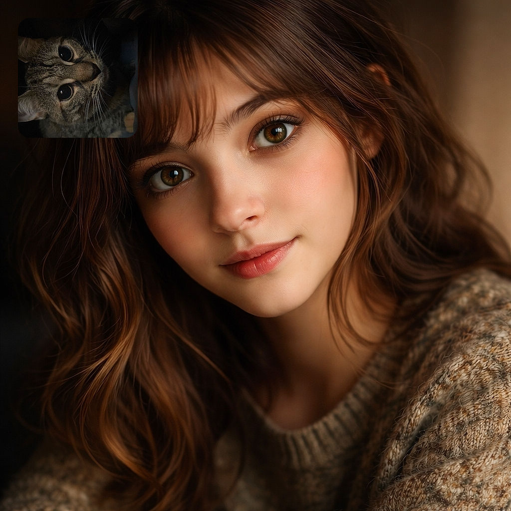 A close-up shot of a curious tabby cat with huge, shiny eyes peeking out from the shadows, capturing the mysterious charm of feline nocturnal adventures.