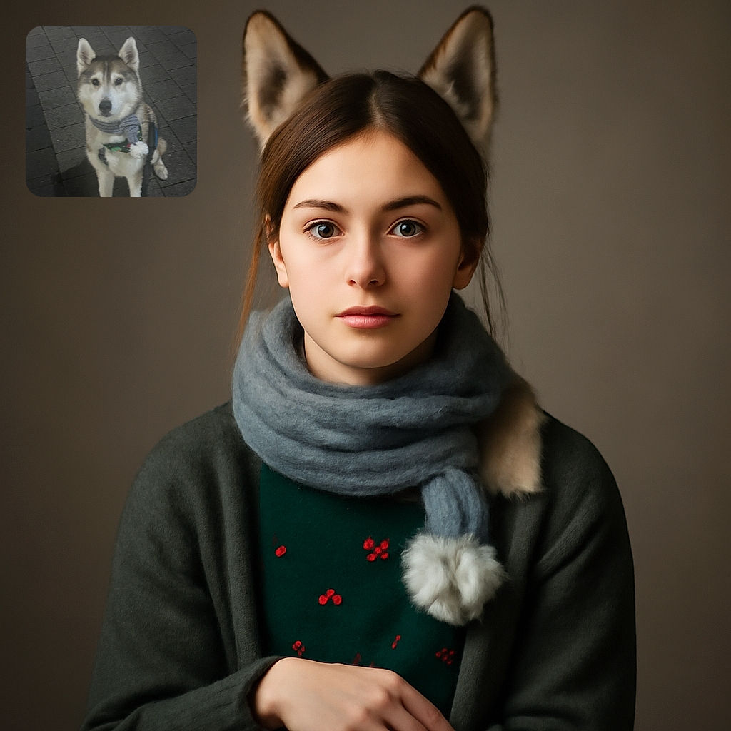 A fluffy husky wearing a cozy scarf sits on a stone-paved street at night, looking curiously at the camera with soft lighting and a slightly blurry focus.