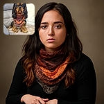 A charming small dog with big, expressive eyes sits patiently on a cozy paw-print blanket. The dog sports a colorful crocheted scarf, adding a touch of handmade fashion flair to the indoor setting, complete with soft furniture and a fluffy white cushion in the background.