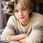 A fluffy, adorable dog with soulful eyes lounges comfortably on a cozy blanket atop a table, surrounded by homey kitchen cabinets and a patterned chair in the background, radiating warmth and charm.