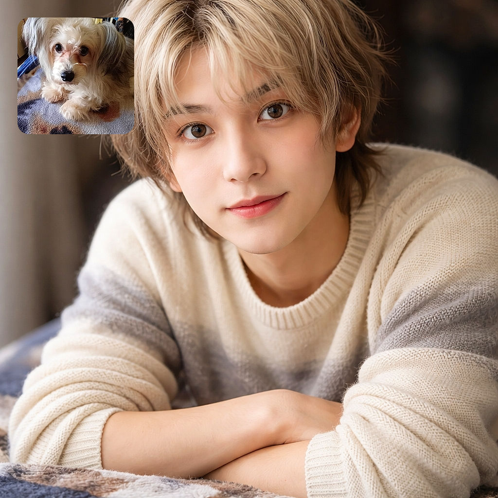 A fluffy, adorable dog with soulful eyes lounges comfortably on a cozy blanket atop a table, surrounded by homey kitchen cabinets and a patterned chair in the background, radiating warmth and charm.