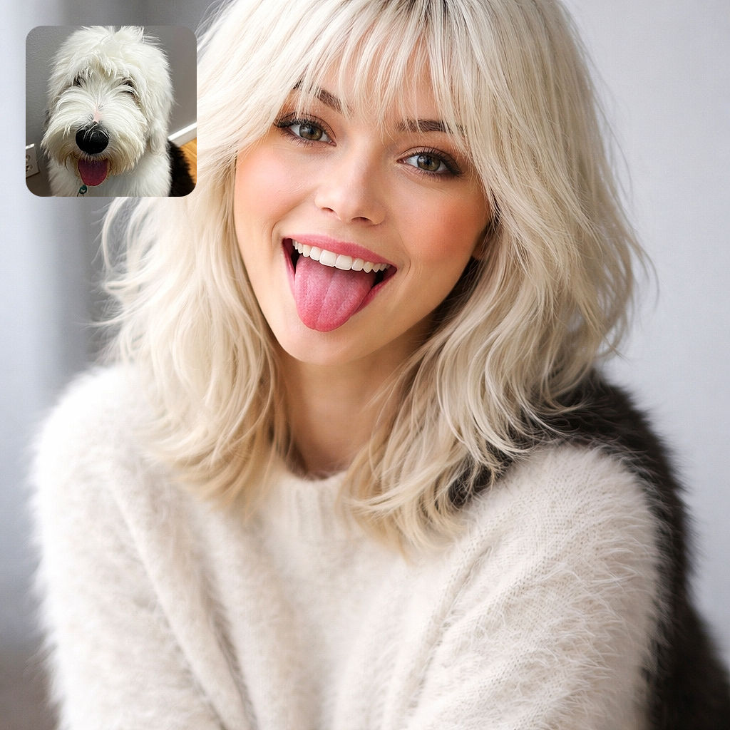 A fluffy white and black dog with a big nose and tongue out, sitting indoors on a wooden floor next to a gray wall, wearing a colorful rainbow leash. Its fur is so thick it almost hides its eyes, making it look like a furry cloud with a happy face.
