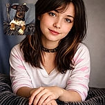 A cute puppy wearing a white shirt with red hearts is resting its paws on a striped blanket, looking curiously at the camera with a cozy blue curtain backdrop.