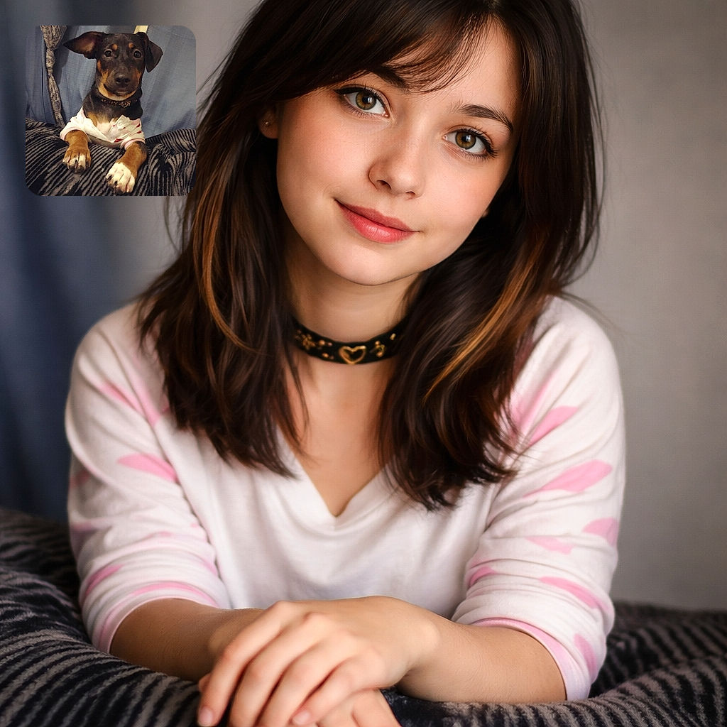 A cute puppy wearing a white shirt with red hearts is resting its paws on a striped blanket, looking curiously at the camera with a cozy blue curtain backdrop.
