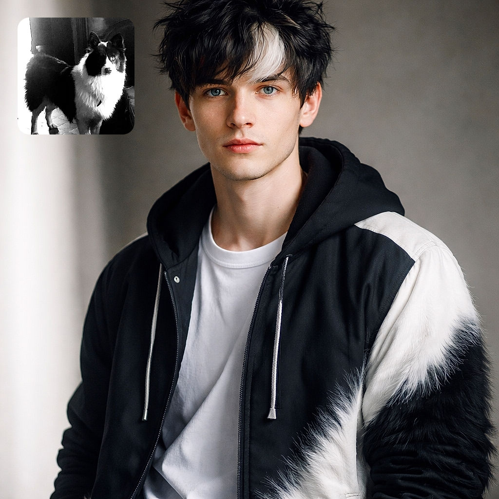A high-contrast black-and-white portrait of a fluffy dog (Border Collie vibes) standing indoors and staring like it just caught you sneaking snacks — regal ruff, perky ears, and one soulful eye demanding treats.