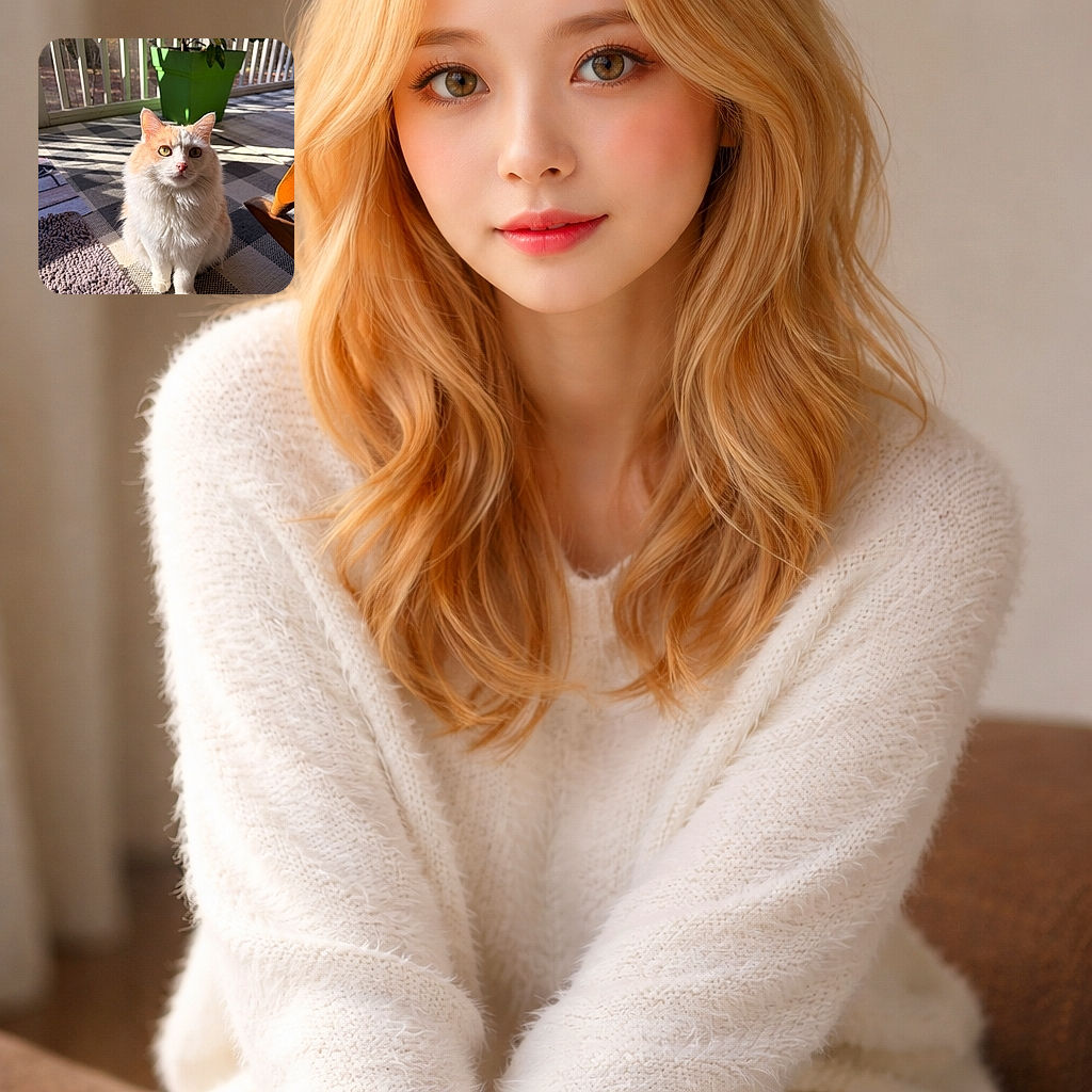 A fluffy orange-and-white cat soaks up sunbeams on a patterned rug like it's paying rent — wide golden eyes stare directly at the camera while a green potted plant and porch railings create a cozy backlit frame. Shadows from the railing make a dramatic striped carpet runway for this very photogenic feline.