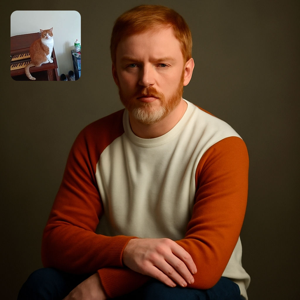 A fluffy orange and white cat is perched majestically on an old wooden piano keyboard, looking curiously at the camera. The background shows a plain wall with a dragon painting and some household items including boots and insect killer, giving a cozy, lived-in vibe.