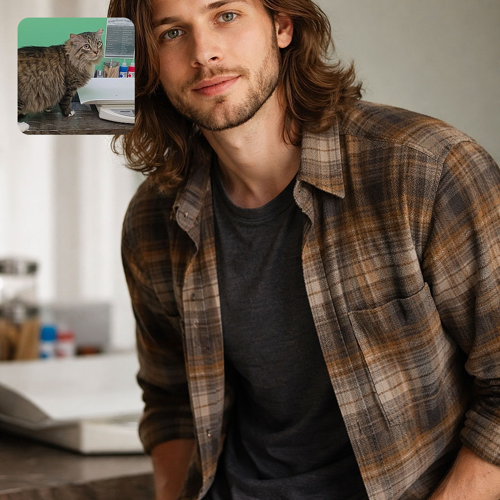 A fluffy tabby plotting its escape from the vet scale — wide eyes, majestic whiskers, and the kind of expression that says 'I demand treats and an explanation.' Background shows a mint-green clinic wall, jars of supplies and a countertop stage fit for a dramatic paw exit.