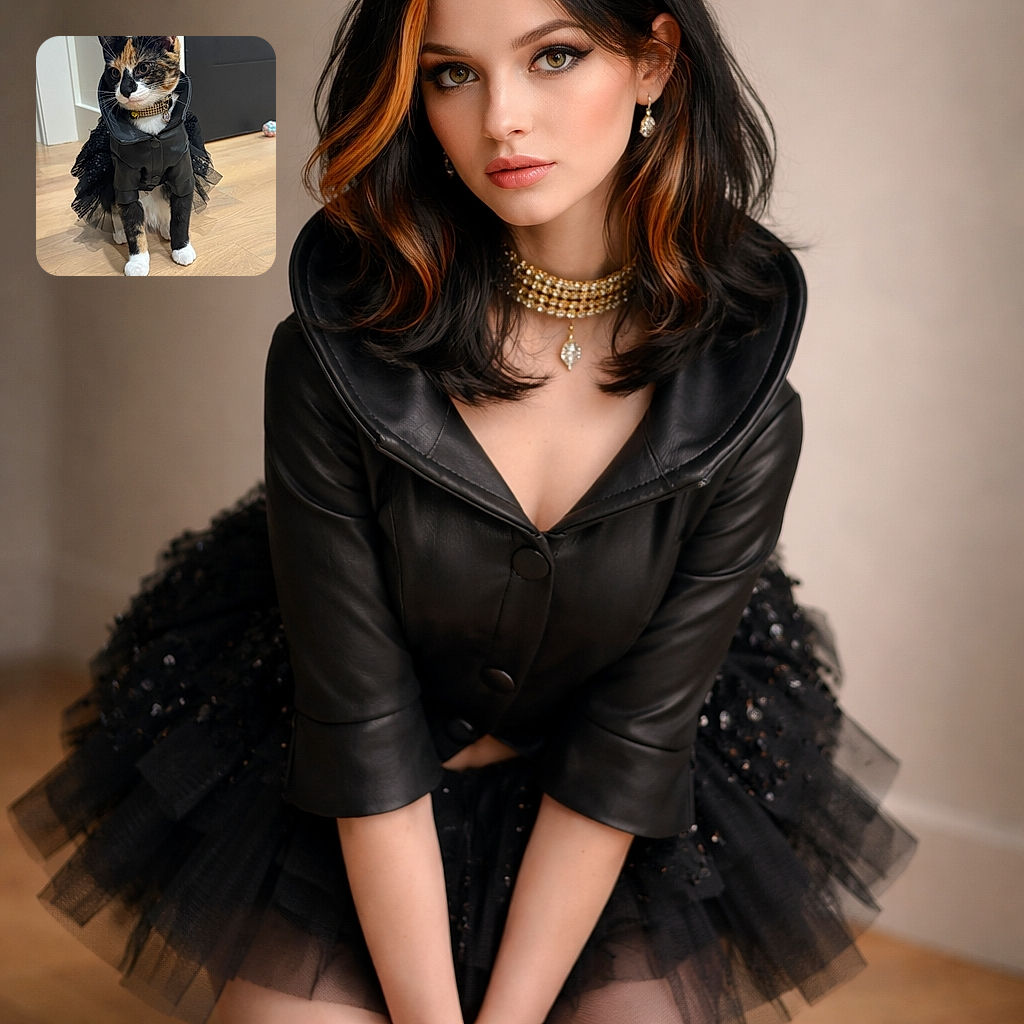 A glamorous calico cat wearing a tiny black jacket and sparkly tutu, rocking a blingy collar with a bell like it's late‑night runway royalty — paws neatly placed on the hardwood as if posing for its agent.