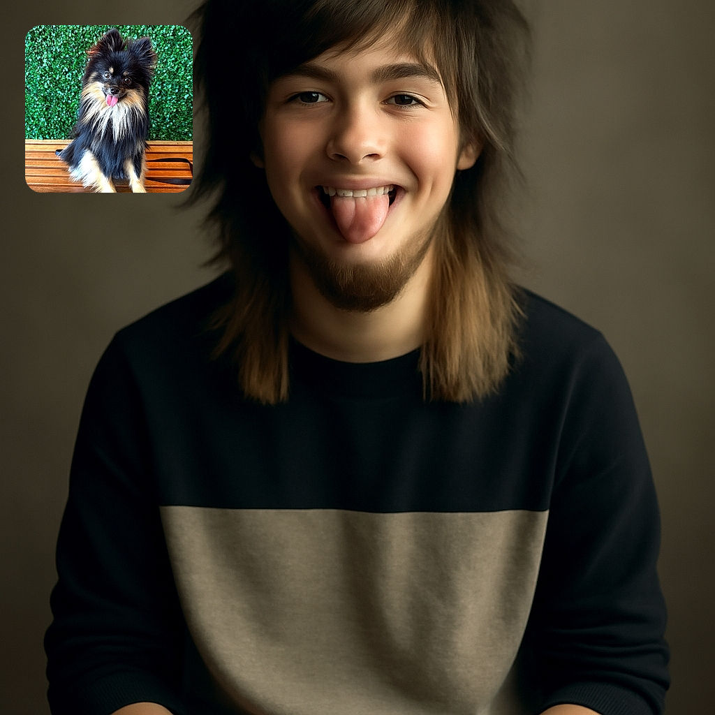 A fluffy black and tan Pomeranian dog sits happily on a wooden bench with its tongue playfully sticking out, posing against a vibrant green leafy background.
