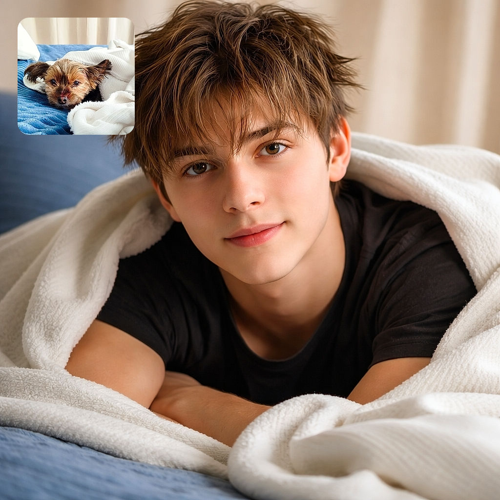 A tiny, bleary-eyed terrier burrowed in a cloud of white blankets on a blue textured bedspread, giving the world a slow-motion 'five more minutes' stare — ears flopped like soft antennae, nose dusted with a little crumb of adventure.