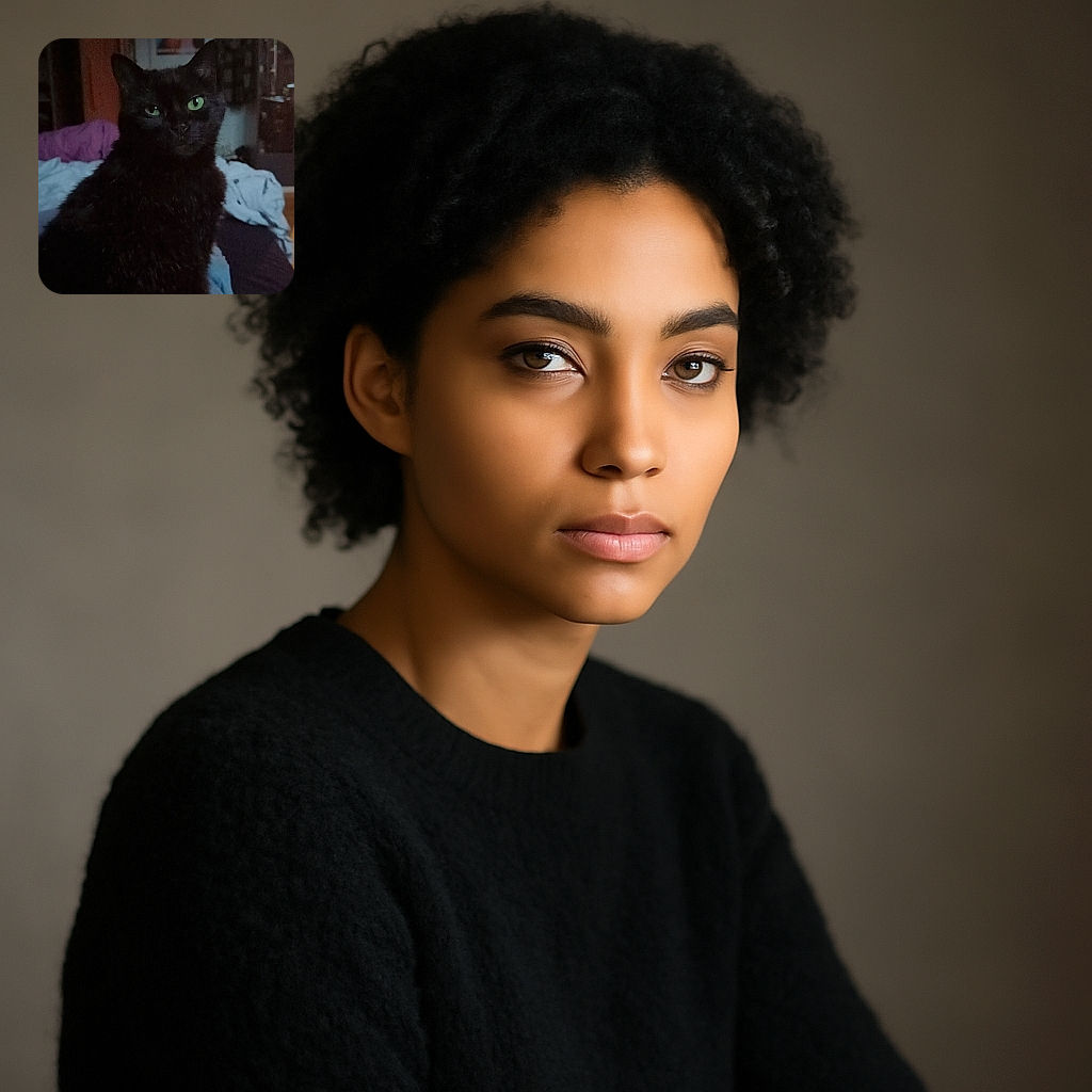 A mysterious black cat with glowing green eyes sits on a cozy bed, looking directly at the camera with an intense stare. The dimly lit room adds to the enigmatic vibe, with a slightly blurred background featuring a framed picture and some furniture.