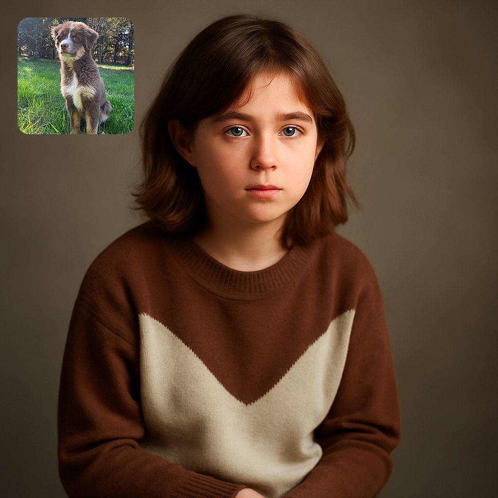 A fluffy brown and white puppy sits attentively in a sunlit grassy field surrounded by trees, looking like it's ready for an outdoor adventure or a game of fetch.