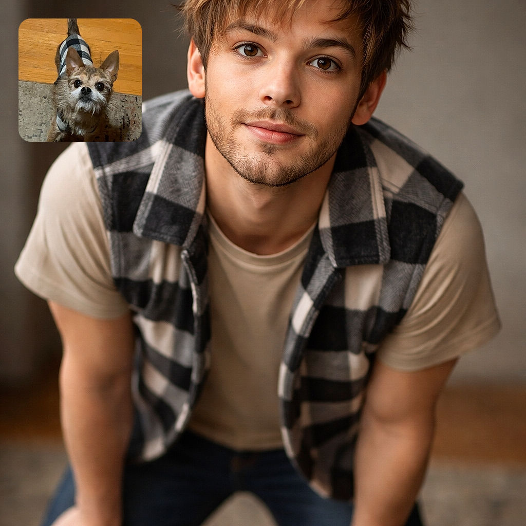 A bewildered little terrier-in-a-sweater stares up with enormous eyes as if you've just offered the world's best treat; fuzzy beard, perky ears and a plaid jacket contrast with the warm hardwood and a lived-in rug — pure tiny-dog drama in a cozy living room.