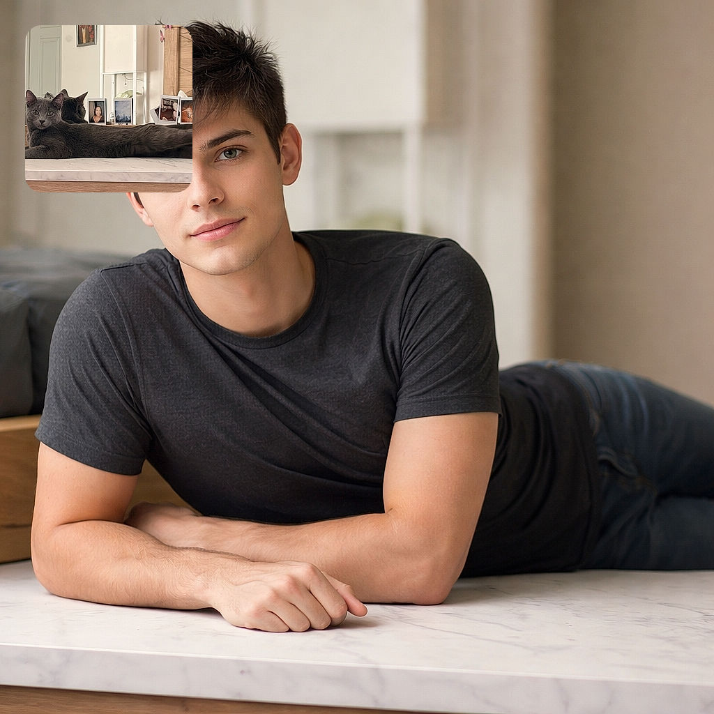 A charcoal-gray cat sprawled like it owns the dresser, staring straight at the camera while a lineup of tiny polaroid faces watches from the mirror—domestic royalty surveying its realm.