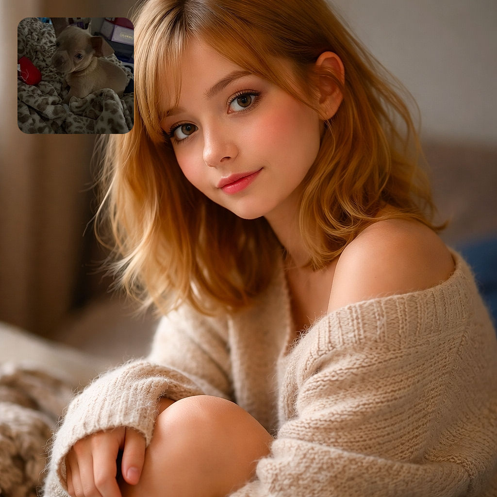 A small tan puppy lounging on a leopard print blanket with a red toy nearby, captured in a dimly lit room with cozy and casual surroundings.