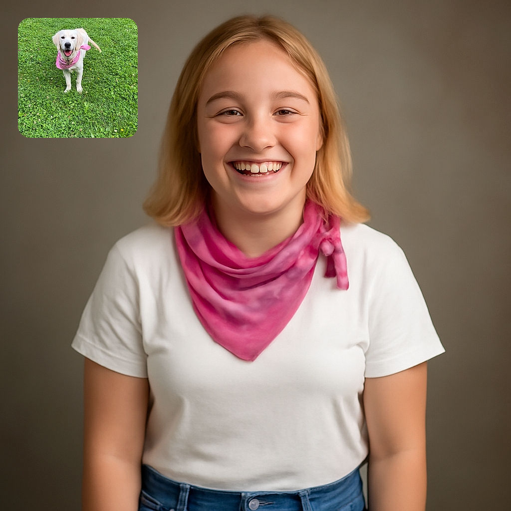 A happy golden retriever puppy wearing a bright pink bandana stands cheerfully on a lush green lawn dotted with small flowers, looking straight at the camera with an open-mouthed smile.