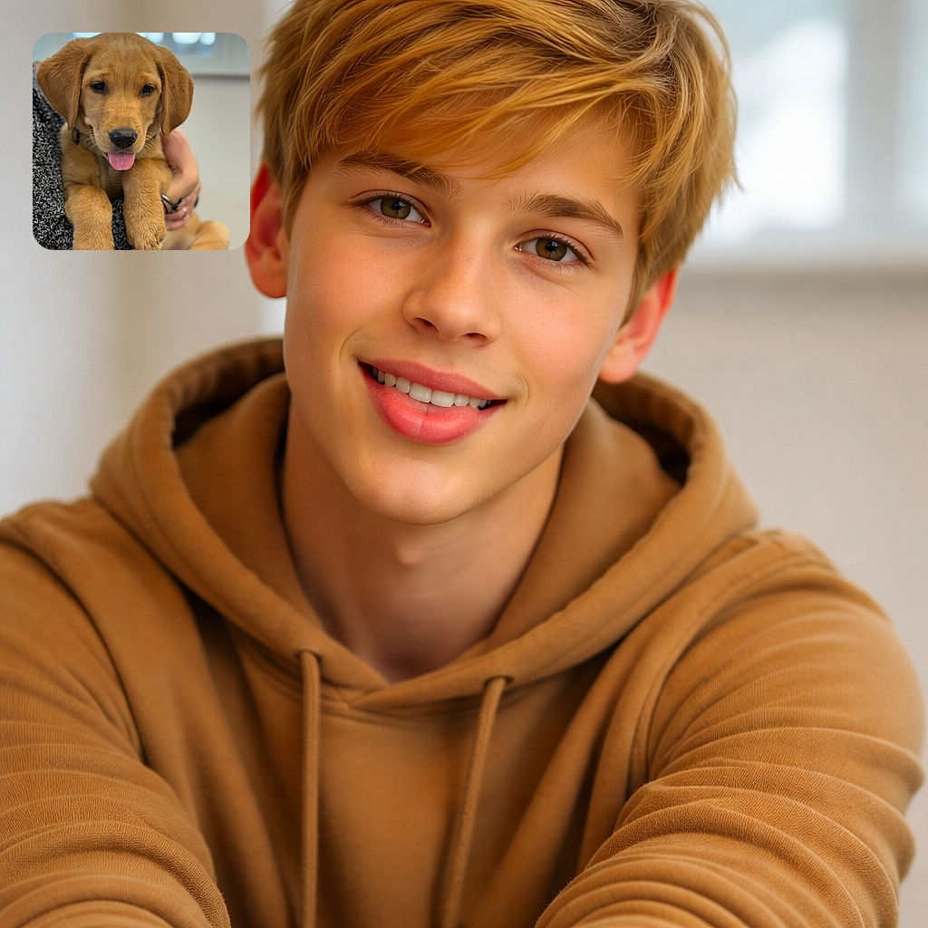 A squishy golden puppy being held like a very important stuffed animal — tongue peeking out, soulful eyes, and ears that could double as tiny blankets. The background is soft and out of focus, so all attention goes to this furry little CEO of cuddles.