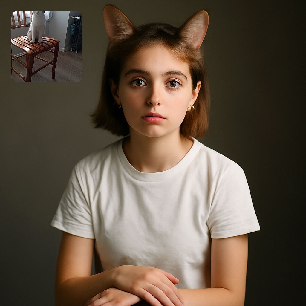 A curious cat with big eyes sits elegantly on a wooden chair in a softly lit room, looking directly at the camera as if waiting for a treat or a secret to be shared.