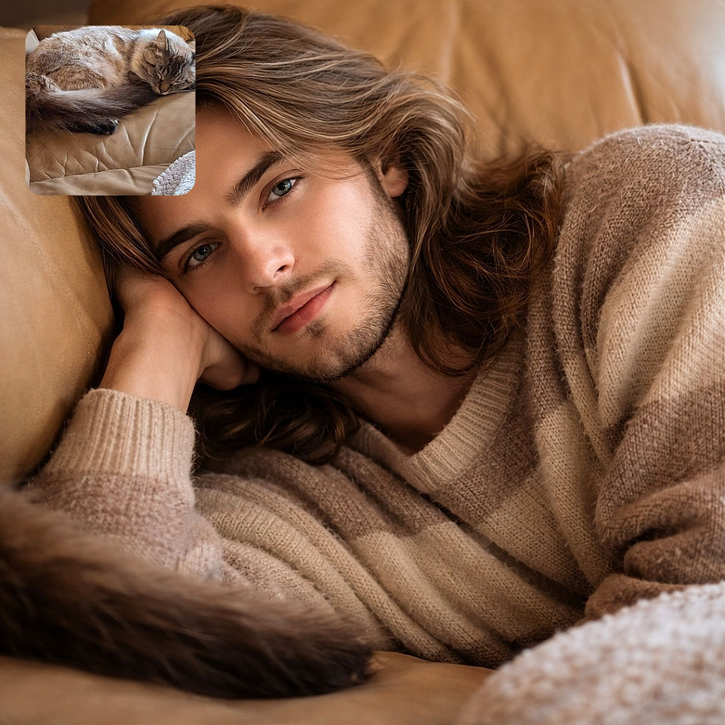 A fluffy tabby has claimed the leather couch and is napping like it pays rent — curled into a perfect fur comma with tail tucked and whiskers doing subtle dream-twitches. The cozy blanket peeks in at the corner like an enthusiastic but unnecessary bodyguard.