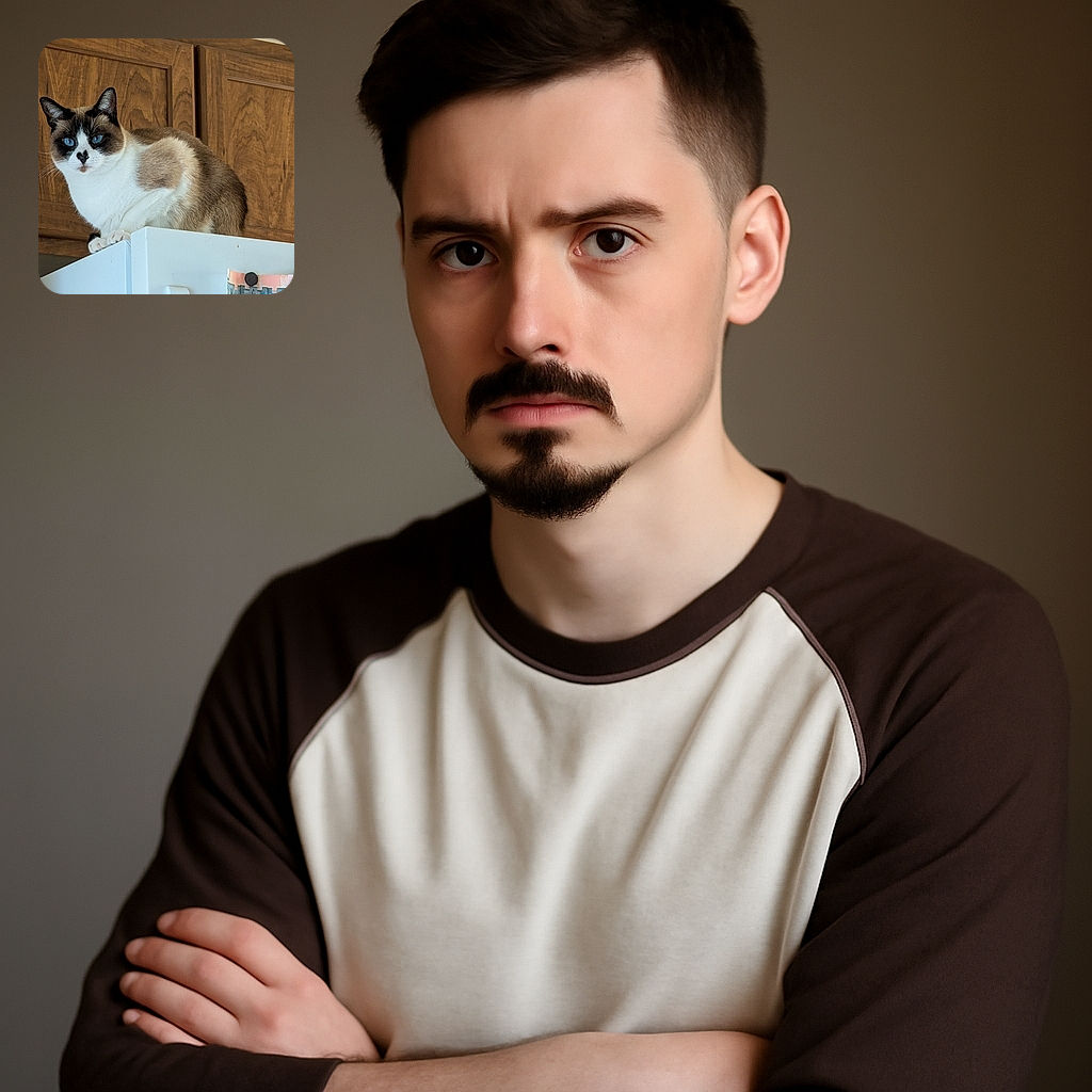 A striking cat with bright blue eyes and a unique heart-shaped nose spot perches majestically atop a white refrigerator, framed by warm wooden cabinets in the background. The cat's focused gaze and soft fur contrast nicely with the hard edges of the kitchen setting.